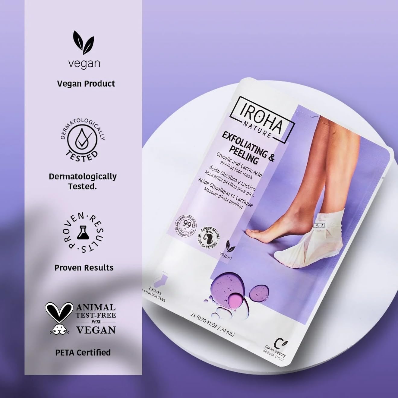 IROHA NATURE Exfoliating Foot Peeling Socks | 2 Pairs (2 Uses)| With Glycolic, Lactic, Salicylic Acids & Lavender | Intensive Treatment for Callused, Dry & Cracked Feet | Vegan Formula