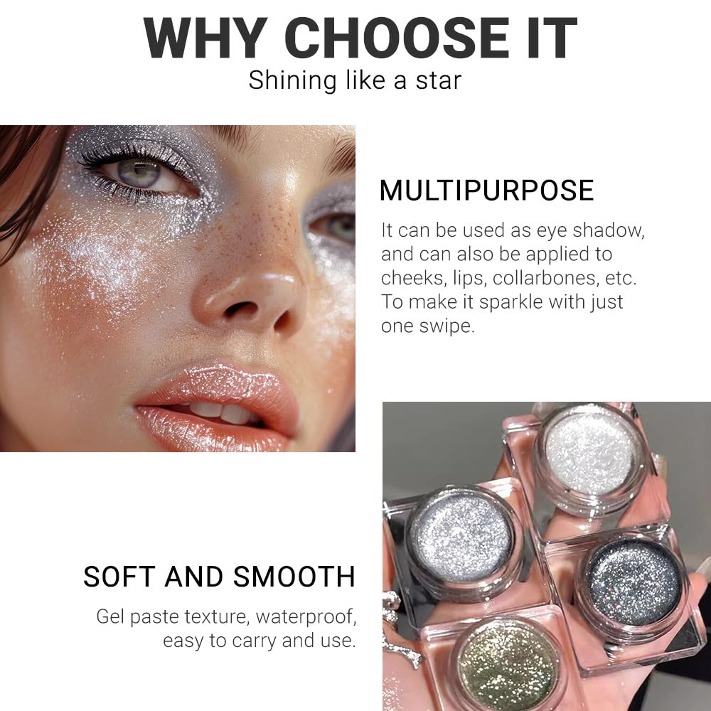 Single Cream Glitter Eyeshadow, Shimmer Eyeshadow Palette, Korean Eye Glitter Makeup, Ultra-Blendable, Sparkle Silver Eye Shadow, Single Shade Metallic Pigmented (Silver)