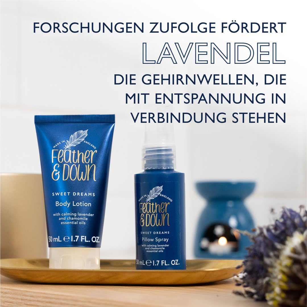 Feather & Down Straight to Sleep Gift Set: 50ml Pillow Spray & 50ml Body Lotion, The Perfect Sleep Duo, Infused with Lavender & Chamomile Essential Oils, Vegan & Cruelty Free