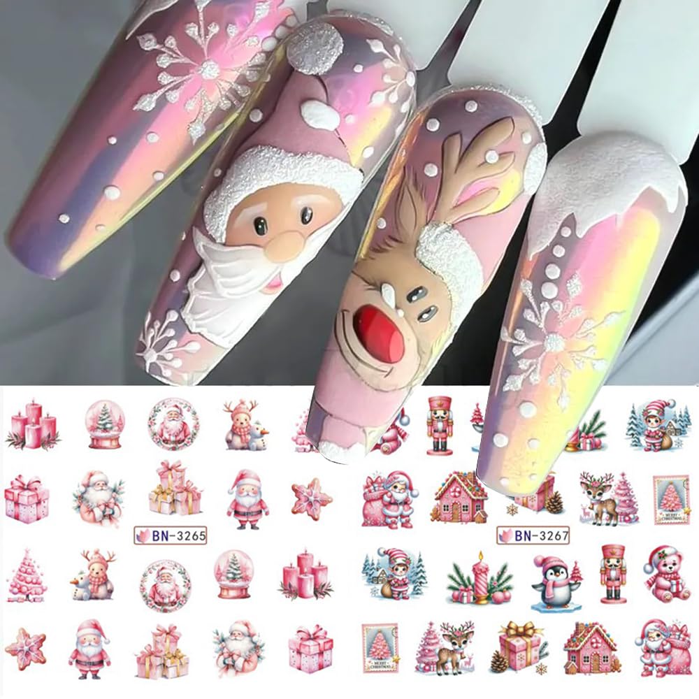 12 Sheets Christmas Nail Art Stickers Winter Snowflake Snowman Water Transfer Nail Decals Xmas Tree Santa Claus Penguin Gingerbread Man Design Acrylic Nail Foils for Women Kids DIY Holiday Nail Decor