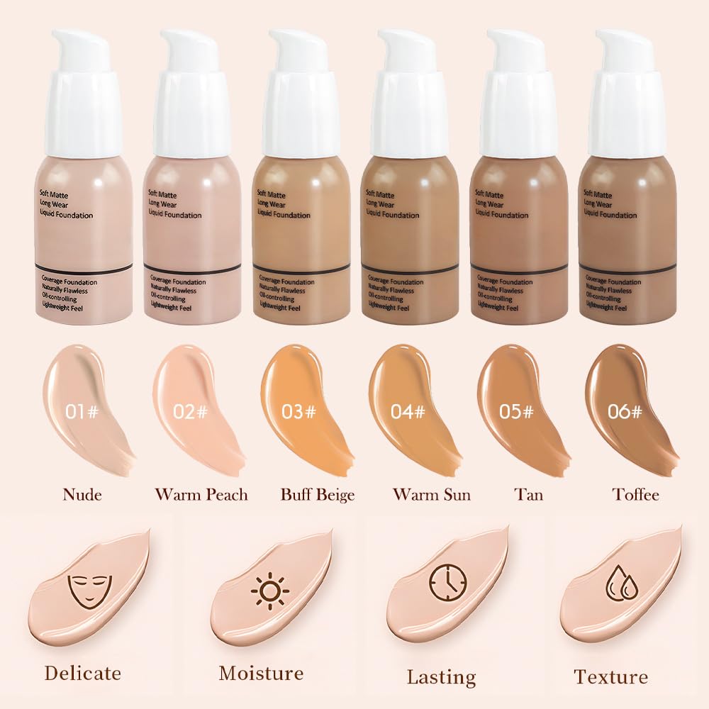 2Pcs Matte Liquid Full Coverage Foundation, Flawless Soft Matte 24HR Oil Control Full Coverage Foundation Makeup for Women, Long-Lasting Waterproof Full Coverage, 02# Warm Peach (02+02, Pack of 2)