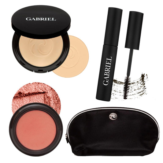 Gabriel Cosmetics About Face Set- Dual Powder Foundation (Bamboo), 3-in-1 Multi Pot (Peony), Mascara (Black Brown) and Gabriel Makeup Bag (Bamboo SET)