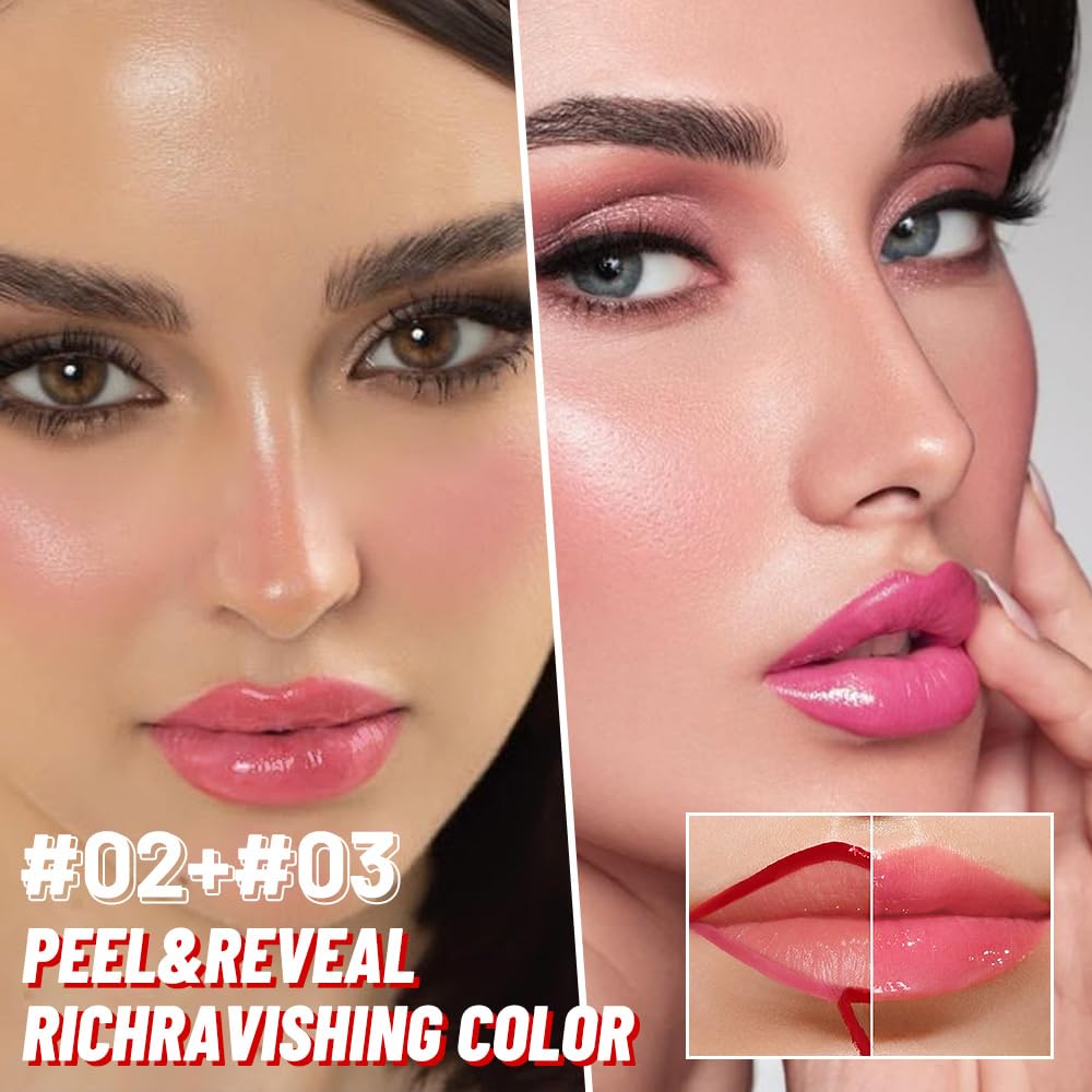 2Pcs Lip Stain Peel Off Lip Gloss oil Dual-Ended Combo, Lips Liner Stain Peel Off Masque, Long Lasting & Waterproof, Transfer-Proof Lip Tint Stain with Lip oil for All Skin Type 02#+03#