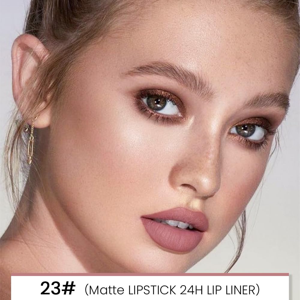 evpct 1Pcs Light Nude Beige Matte Lip Liner and Lipstick Combo Set Kit for Women, Magic Neutral Lipsticks 24 Hours Original Lipstick and Lips Liner Pencil Stain Makeup Long Lasting Waterproof, 23#