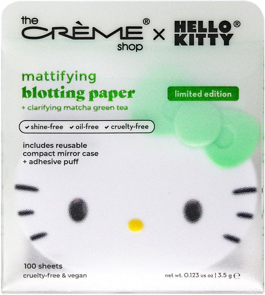 The Crème Shop x Hello Kitty Matcha Blotting Papers + Reusable Compact Mirror - Hello Kitty Collaboration for Oil Control and On-the-Go Touch-ups (Matcha Color Ribbon)