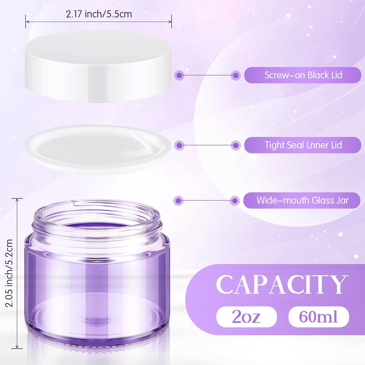 Domensi 48 Pcs 2 oz Glass Jars with Lids Travel Size Round Leakproof Empty Cosmetic Jars with Inner Liners Lid for Storing Makeup Lotions Face Cream Ointments Candle DIY Making (Light Purple)