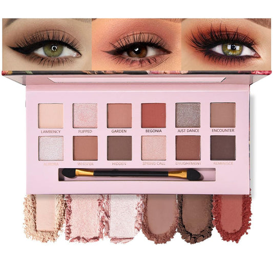 12Colors Eye Shadow Palette With Mirror and Brush,Nude Pink Brown Neutral Natural Eyeshadow Palette,Long Lasting Waterproof Travel Size Makeup Pallete