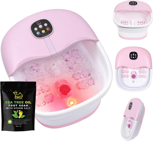 Foot Spa Bath Massager with Heat Bubbles and Vibration Massage and Jets, 16oz Tea Tree Oil Foot Soak Epsom Salt, WHALSTAR Collapsible Foot Bath Bucket With Infrared Fighting Infections & Remote - PINK