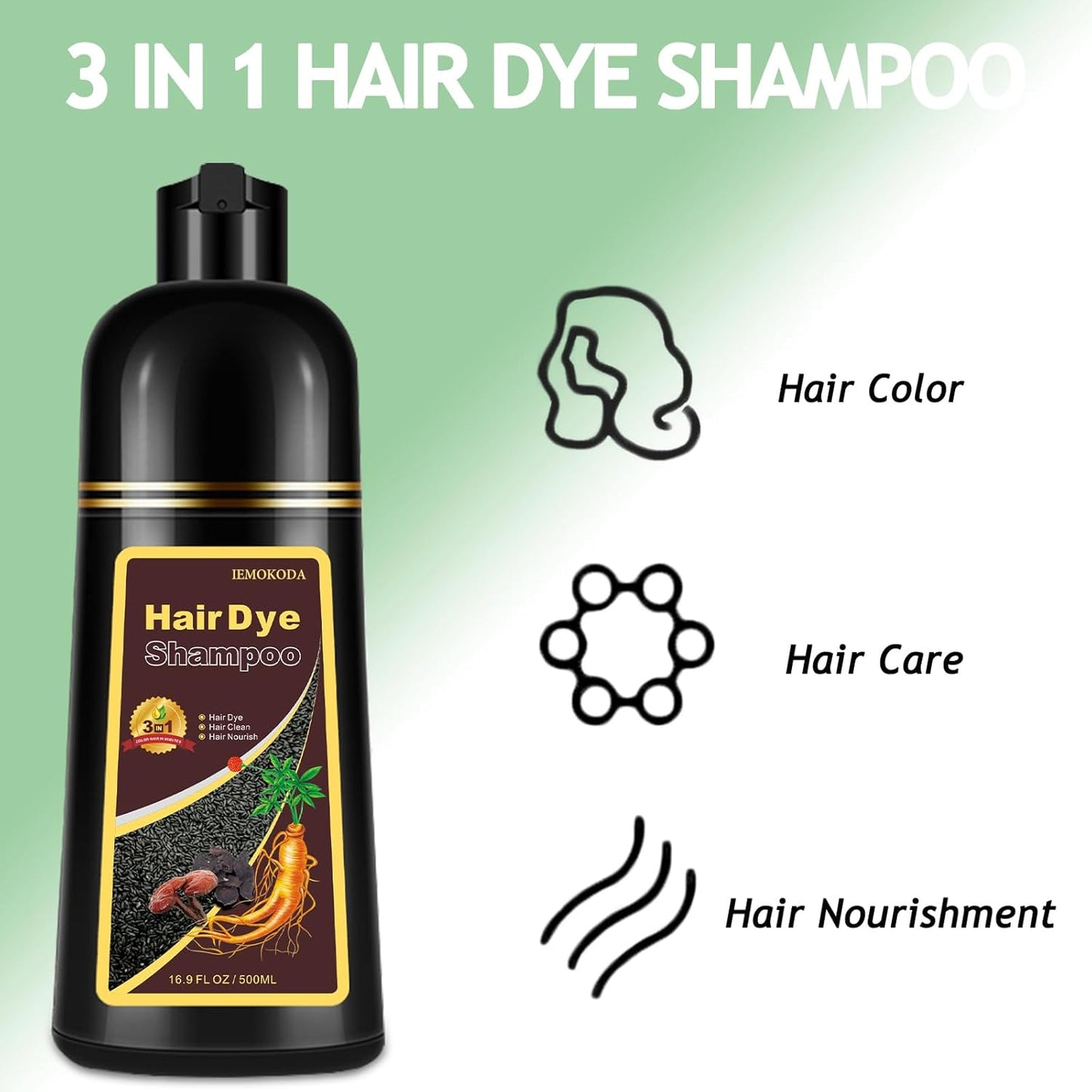 Hair Dye Shampoo 3 in 1, Black Hair Dye 16.9 FL Oz, Hair Shampoo, Semi-Permanent Hair Color Shampoo, Lasts 30 Days (Black)