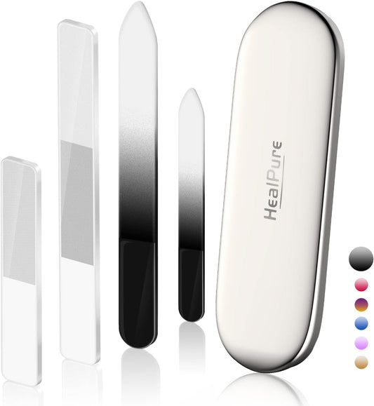 Glass Nail File and Nail Shiner, 4PC Crystal Nail File and Nano Glass Nail Buffer, Premium Set with Case, Professional Manicure Tool Fingernail Czech File for Natural Nail, Gift for Women and Girls