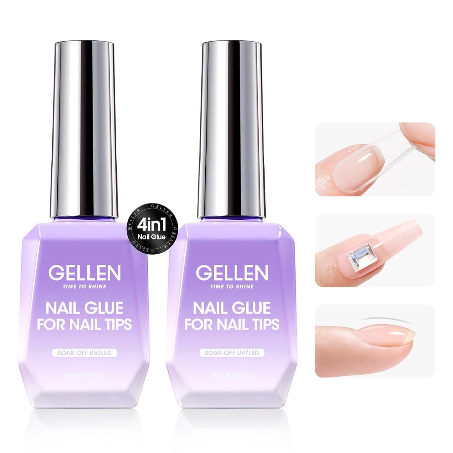 Gellen 2 Pcs Gel Nail Glue for Nail Tips, 4 in 1 UV Extension Glue for Acrylic Tips & Clear Press on Nails & False Nails, Base Gel, Rhinestone, U V Led Lamp Needed