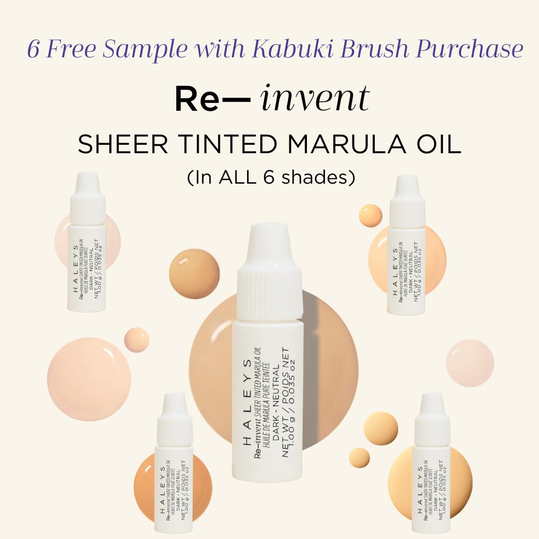 HALEYS Kabuki Makeup Brush + GWP Skin Tint Mini, VEGAN+CRUELTY-FREE, Sustainable Wood, Vegan Bristles for Airbrushed Finish, For Creams, Liquids, Powder, Streak-free, Perfect Blending, Buffs, Blurs