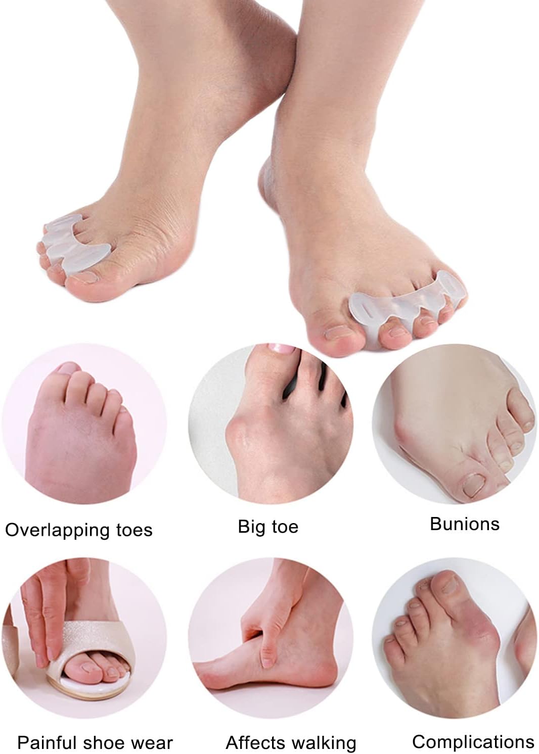 2Pairs Toe Separators Toe Spacers for Women Men to Correct Bunion, Relieve Feet Pain, Foot Alignment, Toe Straighteners for Hammertoes, Plantar Fasciitis (S, Women Shoe Size: 5-9, Men: 6-7)