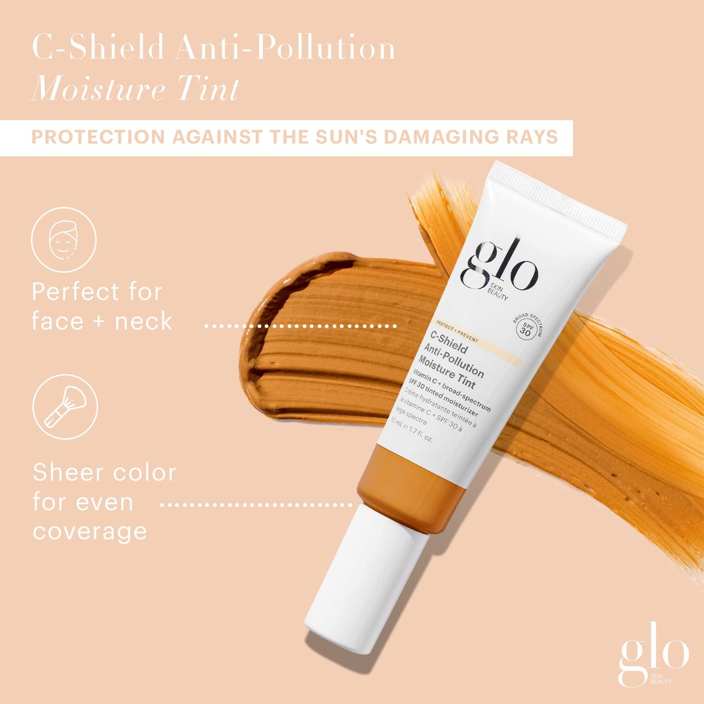 Glo Skin Beauty C-Shield Anti-Pollution Moisture Tint - Tinted Moisturizer With SPF 30 for Face, Broad Spectrum Protection & Vitamin C, 1.7 Oz (7W-Dark)