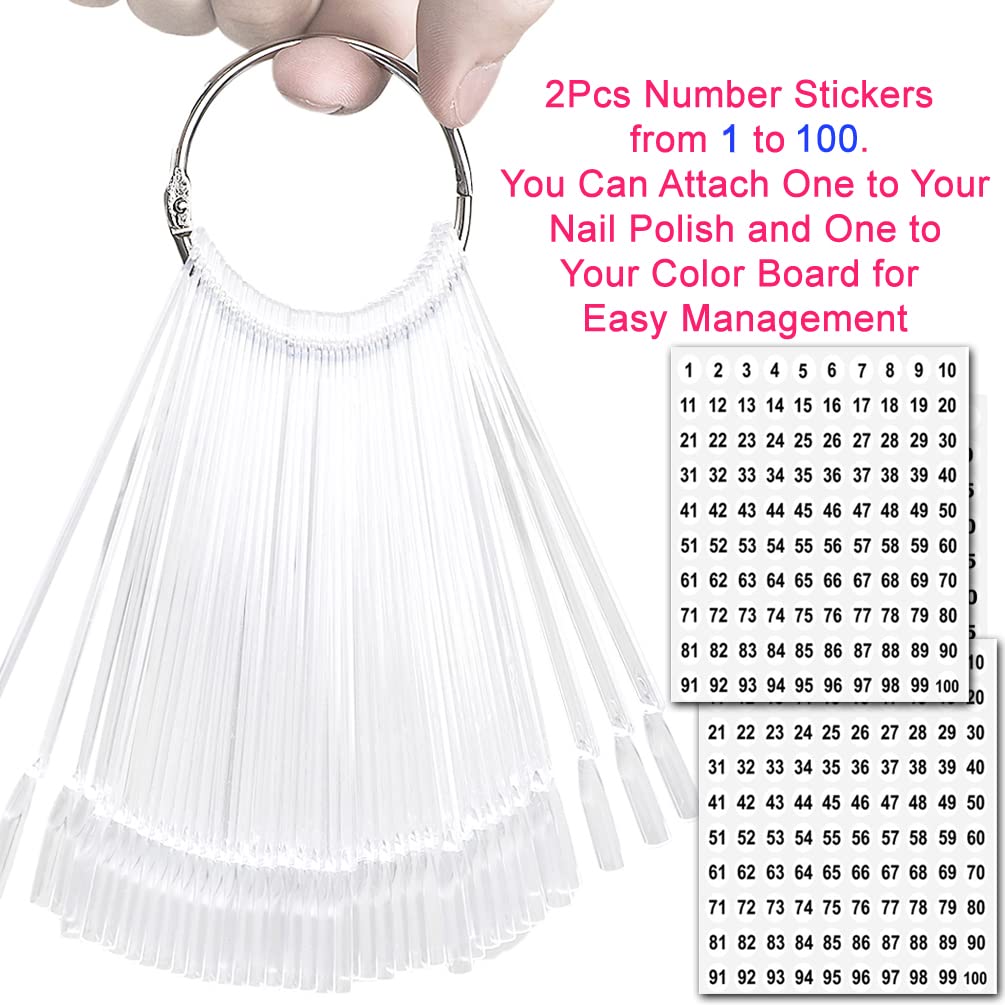 JASSINS 100 Pcs Clear Fan-shaped False Nail Swatch Sticks Nail Polish Practice Display Art Tips Nail Sample Sticks With Metal Split Ring