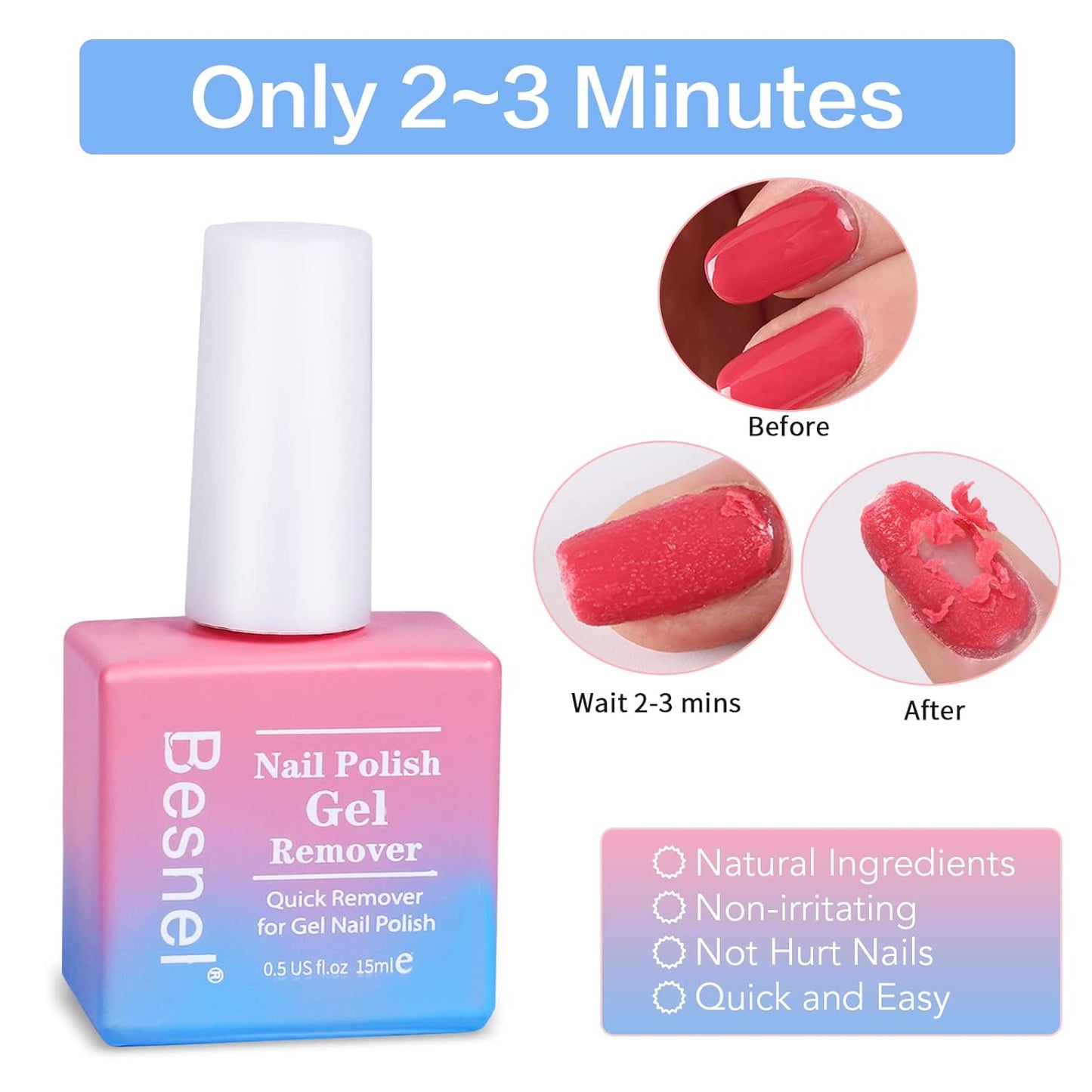 Gel Nail Polish Remover 5 Pack Professional Gel Polish Remover Non-Irritating Quick Easy,Nail Polish Gel Remover Tools Kit Nail File Cuticle Pusher Nail File Grit, No Need For Foil Soaking Or Wrapping