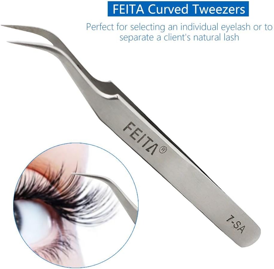 FEITA Precision Eyelash Extension Tweezers Set - Professional Straight & Curved Pointed Very Fine Tip Tweezers for Lash Extensions - Silver - 2Pcs