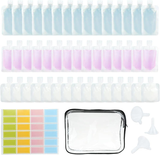 52Pcs Travel Pouches for Toiletries, TSA Approved Travel Fluid Squeeze Pouches, Travel Size Stand Up Pouch, Refillable Leakproof Travel Containers for Shampoo Conditioner Lotion Soap Liquids