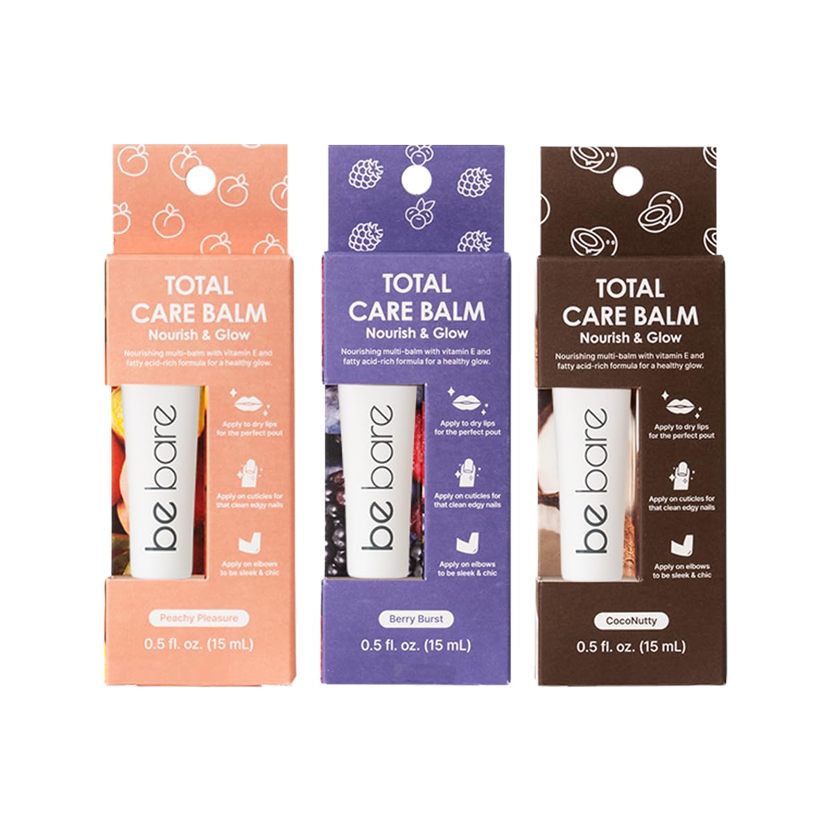 Total Care Balm Variety Pack - Berry Burst, Peachy Pleasure, CocoNutty Nourishing Multi-Balm with Vitamin E for Moisturizing Lips, Nails, Elbows and Dry Skin (3 pc)