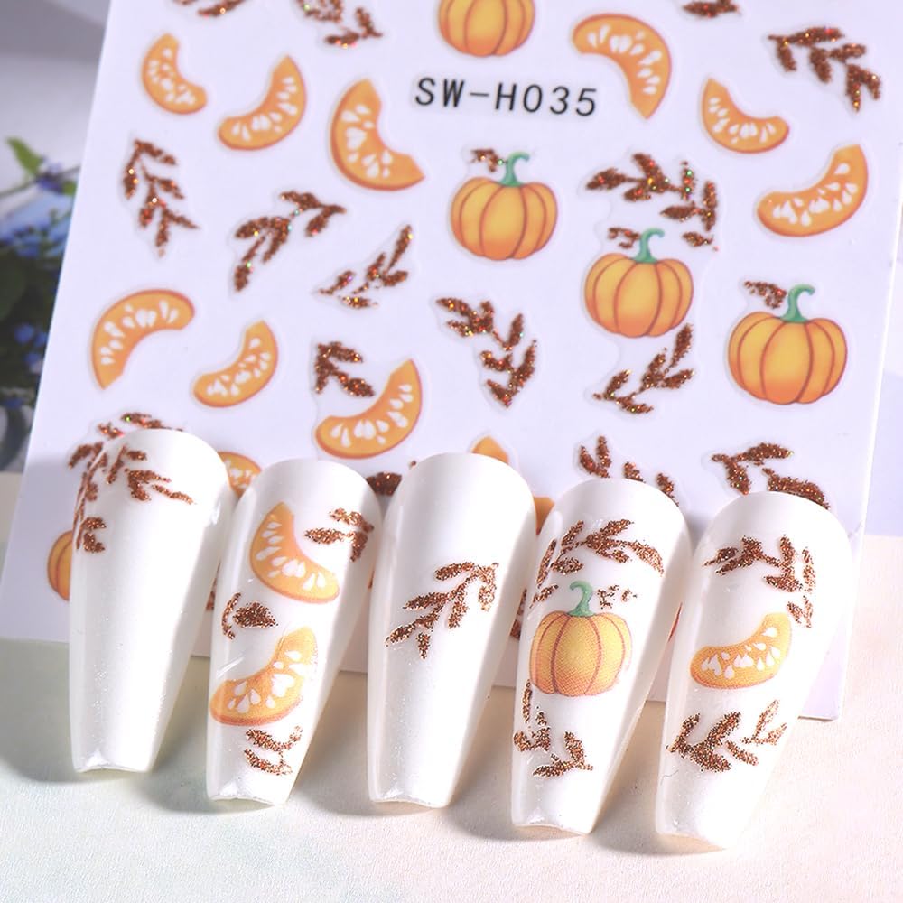 Fall Nail Stickers Maple Leaf Pumpkin Nail Art Decals Autumn Glitter Leaves Pine Nut Pumpkin Nails Design Self-Adhesive Nail Art Supplies Thanksgiving Gold Yellow Maple Leaf Stickers for Nails DIY