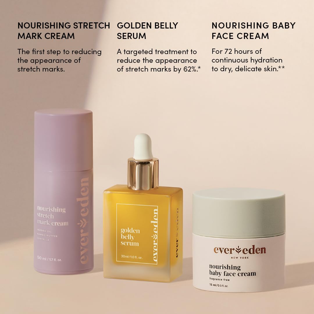 Evereden Mama & Baby Discovery Set - Dermatologist-Developed Clean & Vegan Maternity Skin Care Bundle - Stretch Mark Cream, Belly Serum, & Nourishing Baby Face Cream - Postpartum Gifts for New Mom