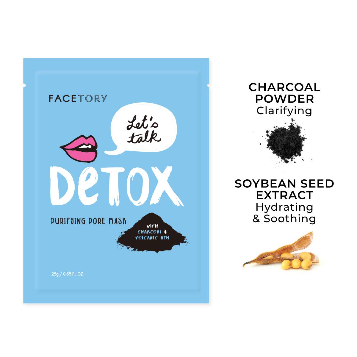 FACETORY K Beauty Face Mask Skin Care - LET'S TALK DETOX PURIFYING Sheet Mask with Charcoal & Volcanic Ash | Pore Refining Charcoal Face Mask (5 Pack)