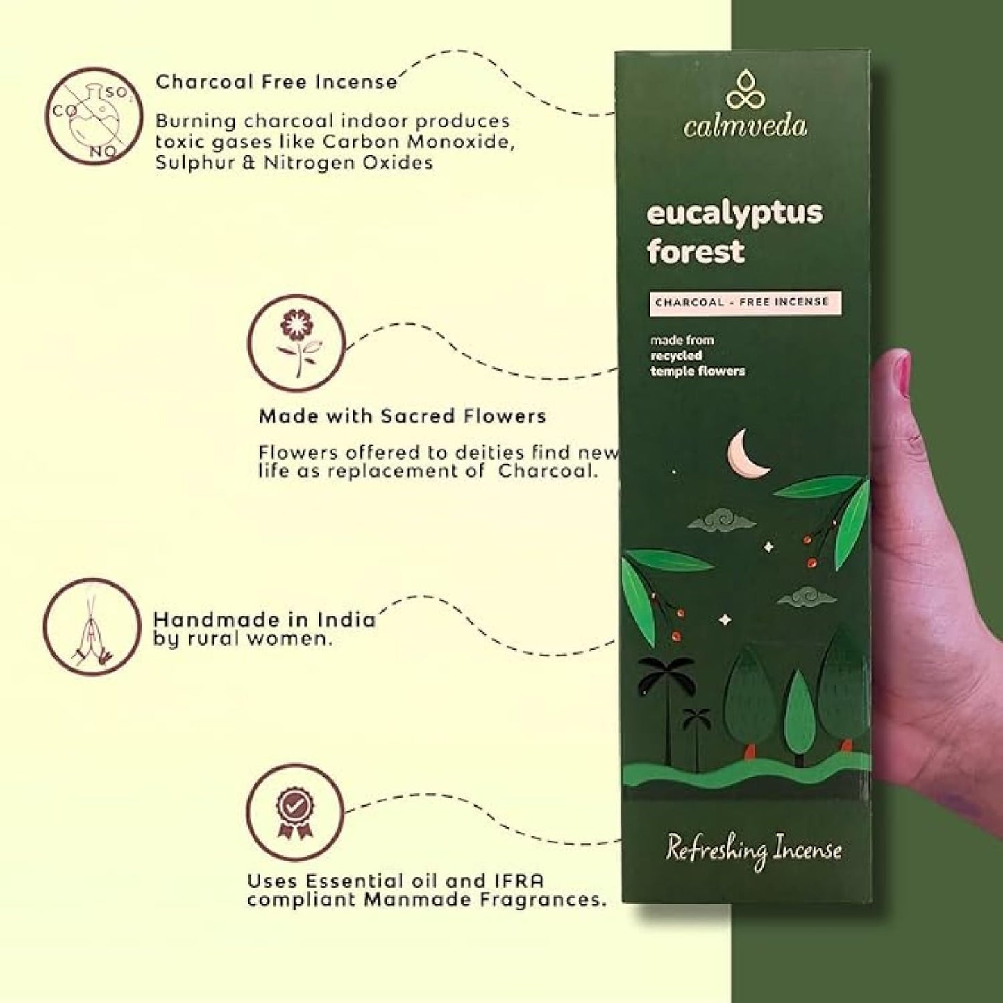 Forest Eucalyptus Incense Sticks - 80 Charcoal Free Incense Sticks, Made from Upcycled Flowers | Crisp, Refreshing Aroma of Rainforest, Transports You to Eucalyptus Forest