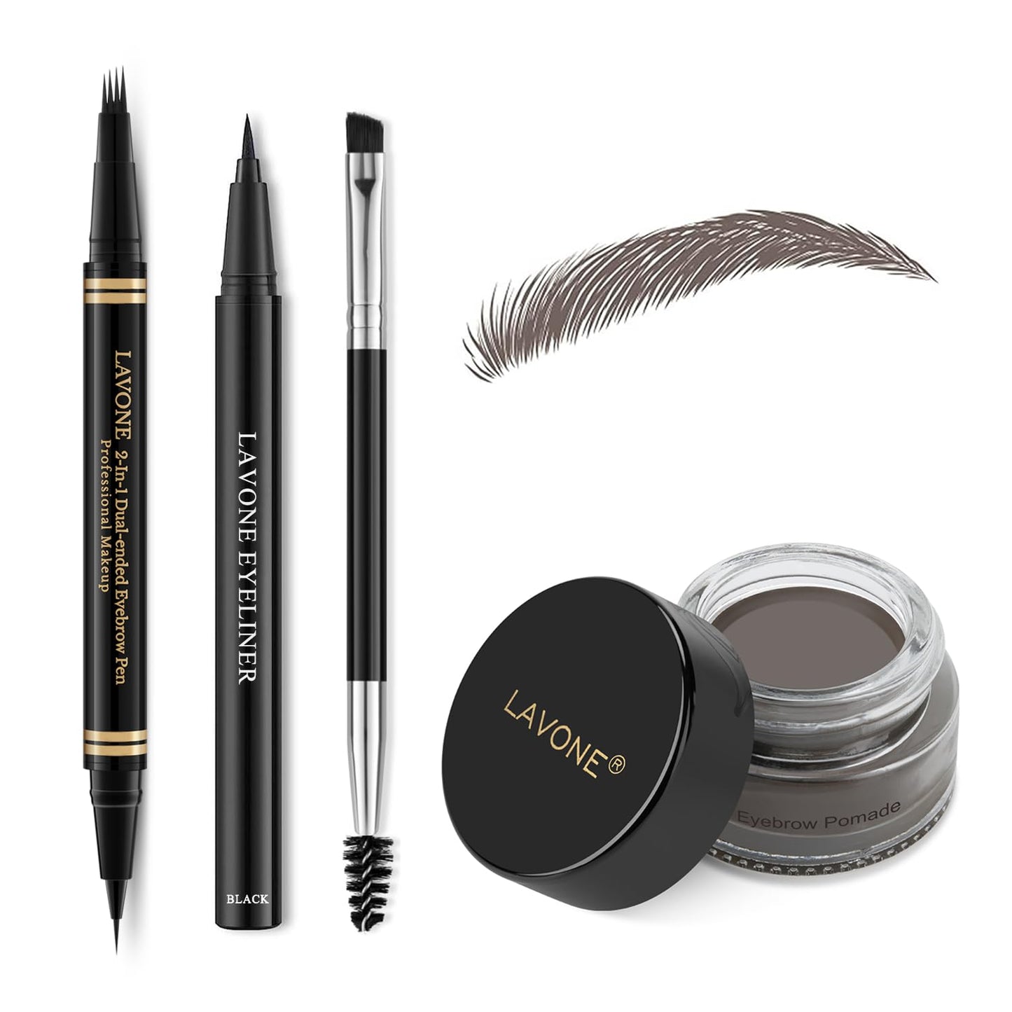 Eyebrow Makeup Kit - 4 Tip Waterproof Microblading Pencil, Eyeliner, Pomade, Dual-ended Brush - Natural Looking - Ebony