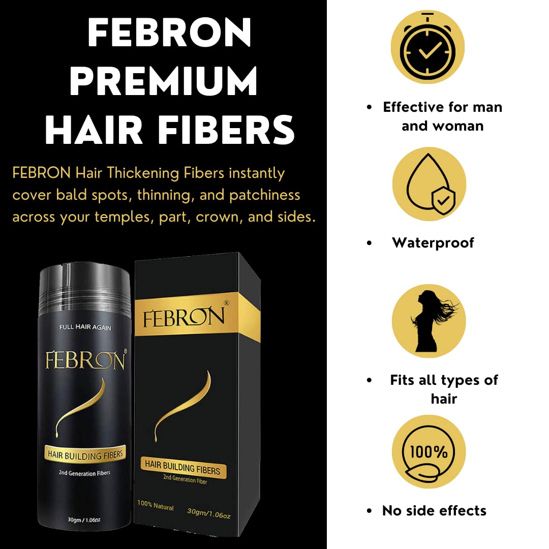 FEBRON Hair Fibers For Thinning Hair For Women & Men Hair Loss Concealer Hair Powder Volumizing Based 100% Undetectable & Natural - Bald Spots Filler (30 Gram, Dark Gray)