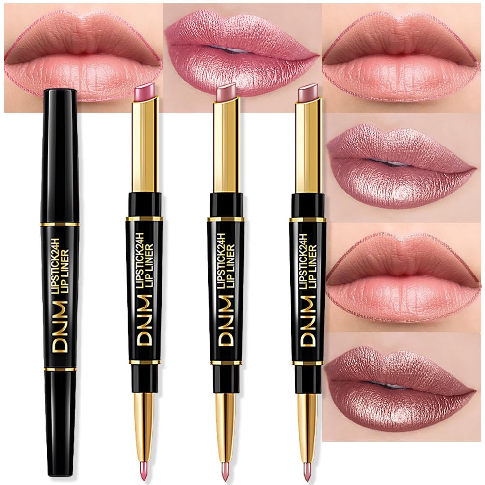 evpct 3Pcs Light Pink Nude Brown Metallic Shine Shimmer Lip Liner and Lipstick Combo Set Kit for Women, Lightweight Hydrating Formula High Impact Full Coverage Lipstick and Lip Liner Makeup Gloss