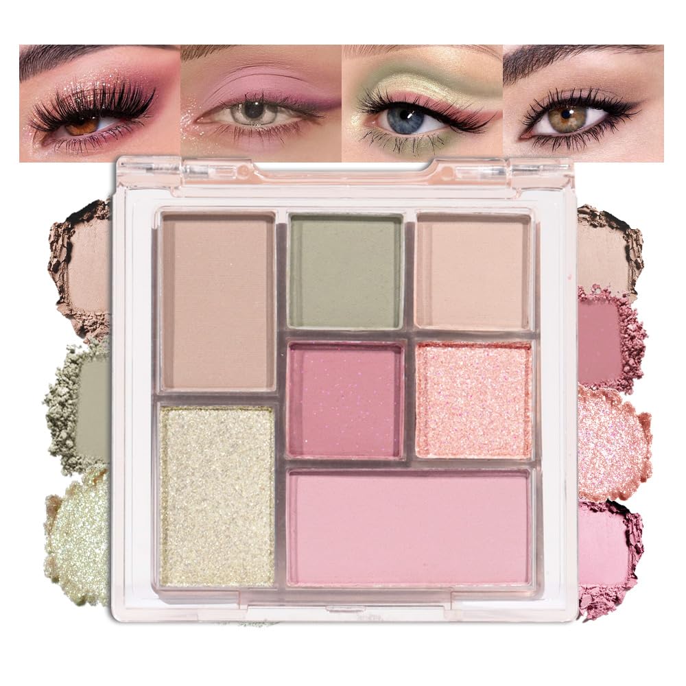 Nude Pink 7Colors Eyeshadow Makeup Palette with Mirror,Green Natural Neutral Eye Shadow Palettes for Older Women,Long Lasting Naturing-Looking,Lightweight,Waterproof,Eye Makeup Kit Travel Size,Vegan