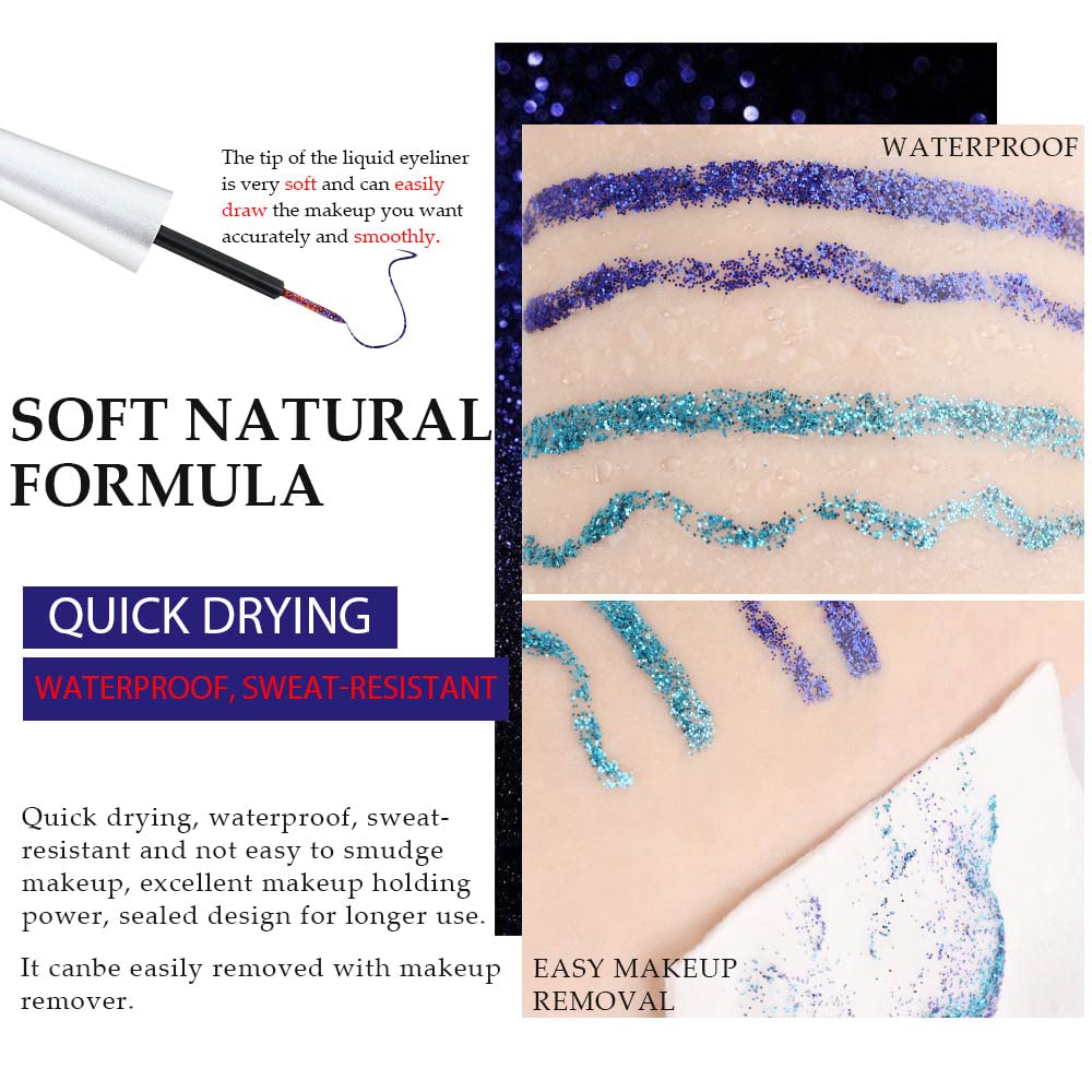 evpct 2Pcs Dark Light Royal Blue Color Liquid Glitter Eyeliner Liners Sets for Women Liquid Sparkly Glitter Eyeliner delineador con glitter de colores para ojos colores 03+12