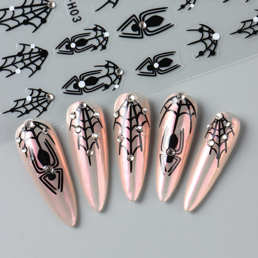 3 Sheets Halloween Nail Art Stickers Black Spider Nail Stickers for Nail Art 3D Self-Adhesive Black Spider Web with Diamond Design Halloween Nail Charms Goth Decorations for Women DIY
