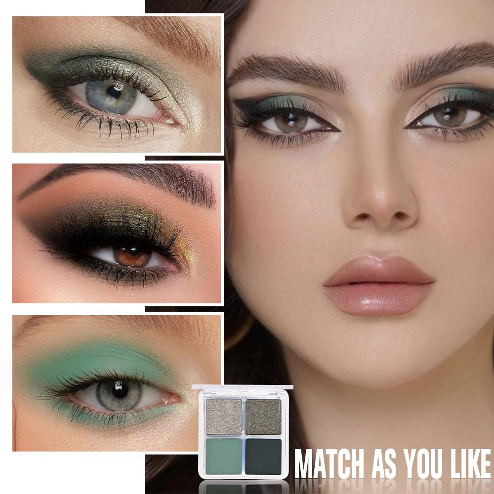evpct Eyeshadow Quad Palette, Cyan Festival Forest Dark Green Glitter Shimmer Metallic Matte High Pigment Mini Eye Shadow Palette Makeup for older Women, Smudge Proof Vegan Cruelty-free, Green Series