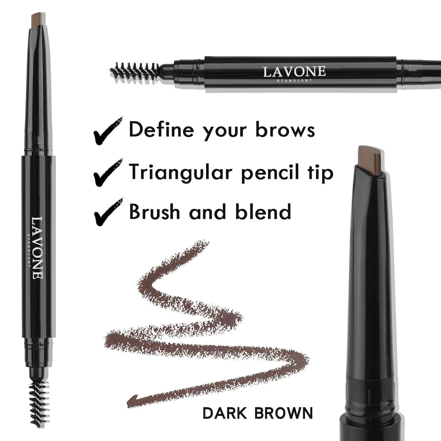 LAVONE Eyebrow Stamp Pencil Kit - Makeup Brow Stamp Trio with Waterproof Eyebrow Pencil, Eyeliner, Pomade, Dual-ended Brush - Dark Black