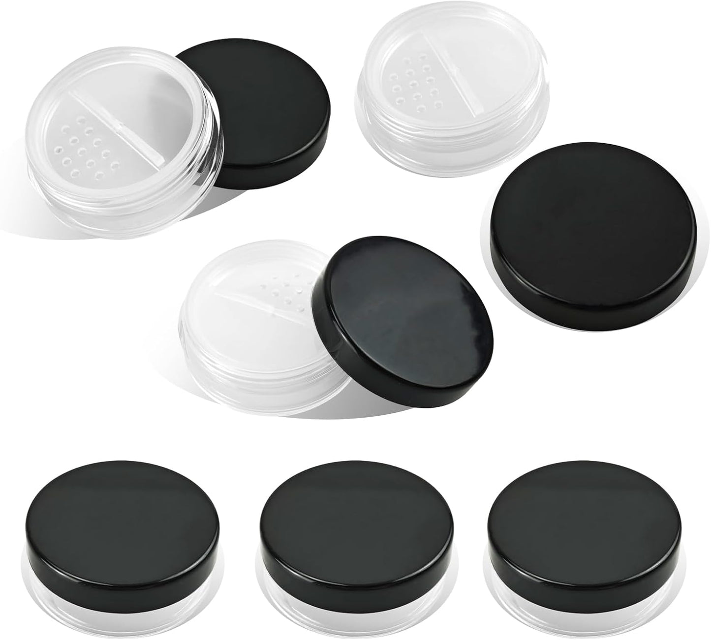 Nirvany 6PCS 10ml Refillable Loose Powder Containers, Black Travel Makeup Jars with Rotating Sifter & Leakproof Screw Lids