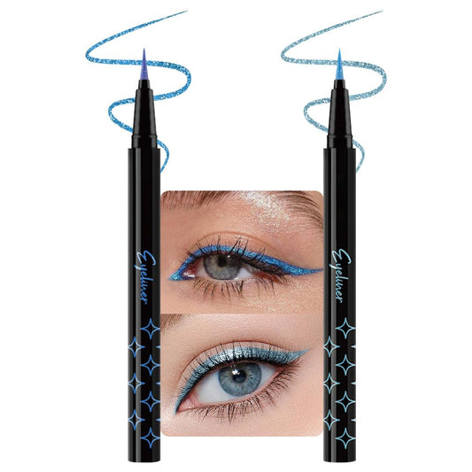 evpct 2Pcs Blue Glitter Shimmer Liquid Eyeliner Eye Makeup Pencil Pen, Pearl Blue Chrome Eyes Liner Face Glitter Makeup Fake Eyelashes Mascara Accessories, Sparkle Metallic Eyeliner Pen Waterproof