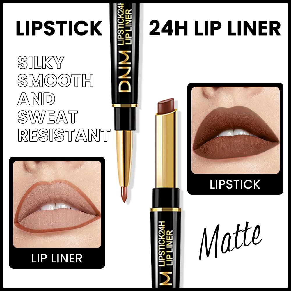 evpct 1Pcs Dark Deep Brown Matte Lip Liner and Lipstick Combo Set Kit for Women, Magic Neutral Lipsticks 24 Hours Original Lipstick and Lips Liner Pencil Stain Gloss Makeup Long Lasting Waterproof