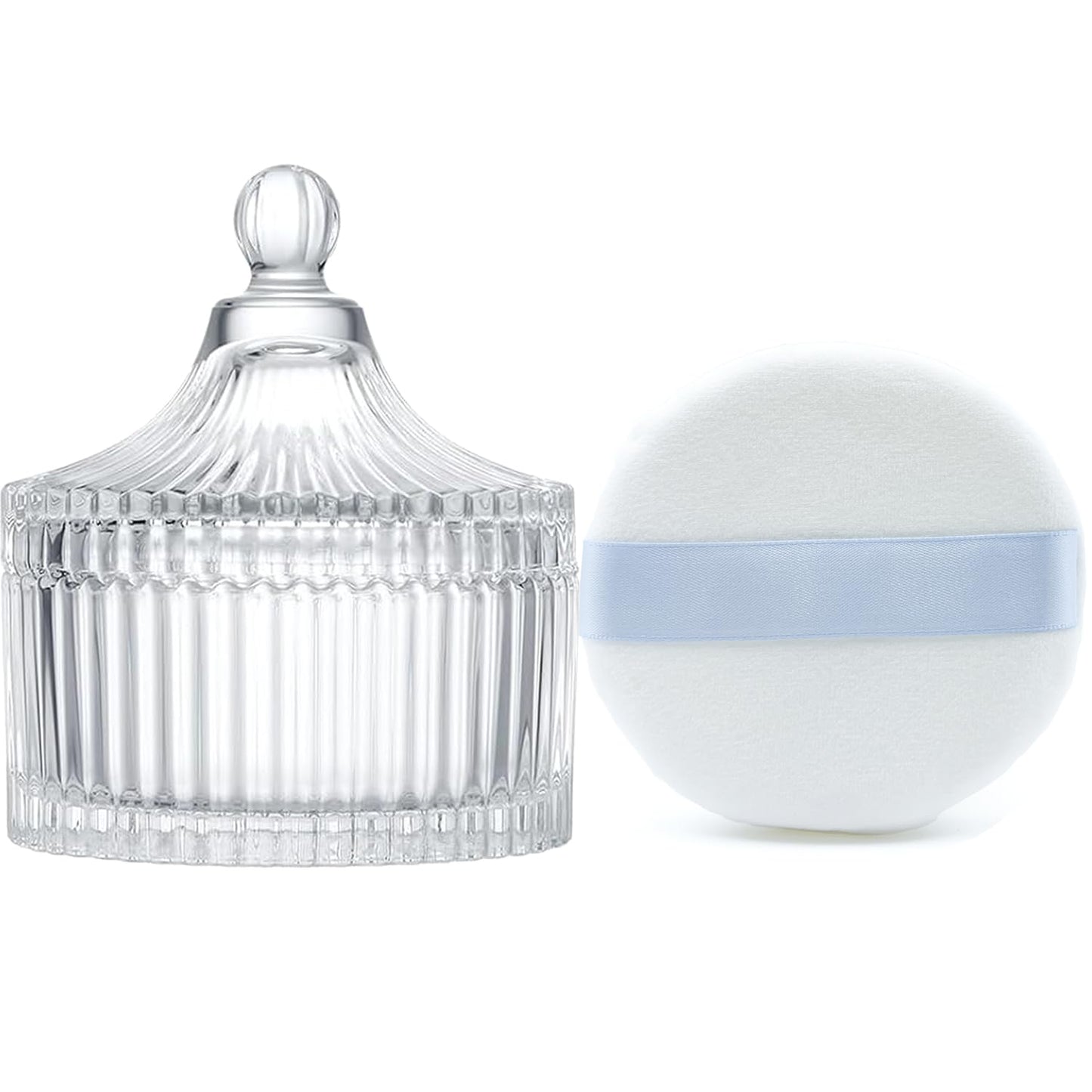 Ultra Soft Powder Puff and Container 3.3" High Density Velvet Dusting Washable Reusable Powder Puff,Bathroom Dressing Table Cotton Swab Storage Jar(Clear)