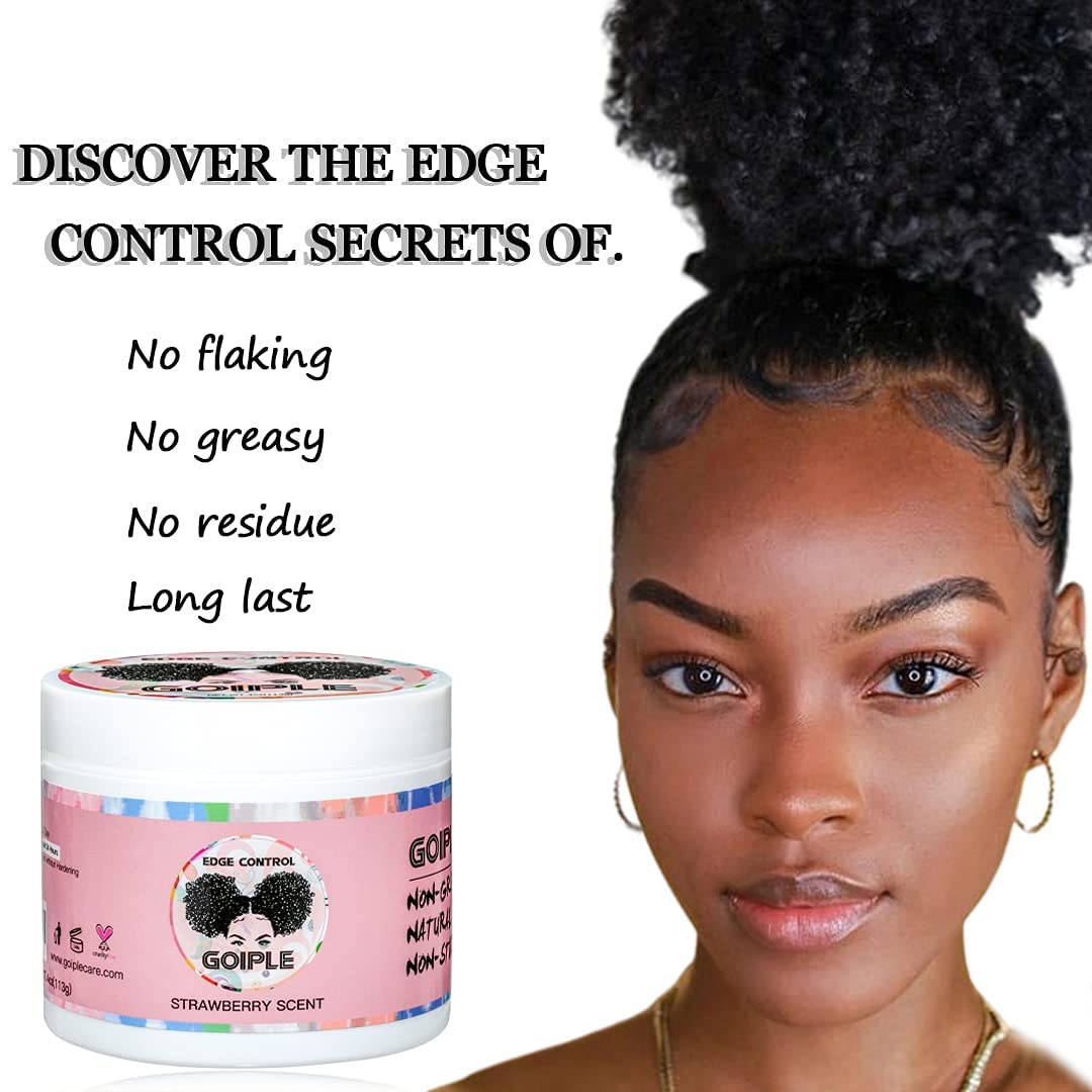 Goiple Edge Control Wax for Women Strong Hold Non-greasy Edge Smoother Strawberry Scent (4oz Edge Control Wax + Edge Brushes*2 + Pink Elastic Bands*2)