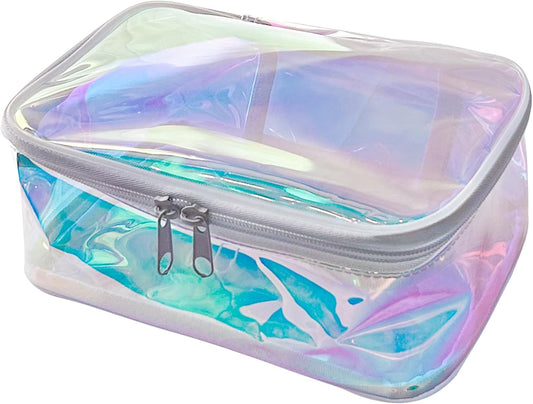 Holographic Makeup Bags Bulk,Clear Storage Bag Toiletry Pocket Portable Zippered Iridescent Pouch Waterproof Cosmetic Gift Bags for Women (Holographic Pink(White Frame))