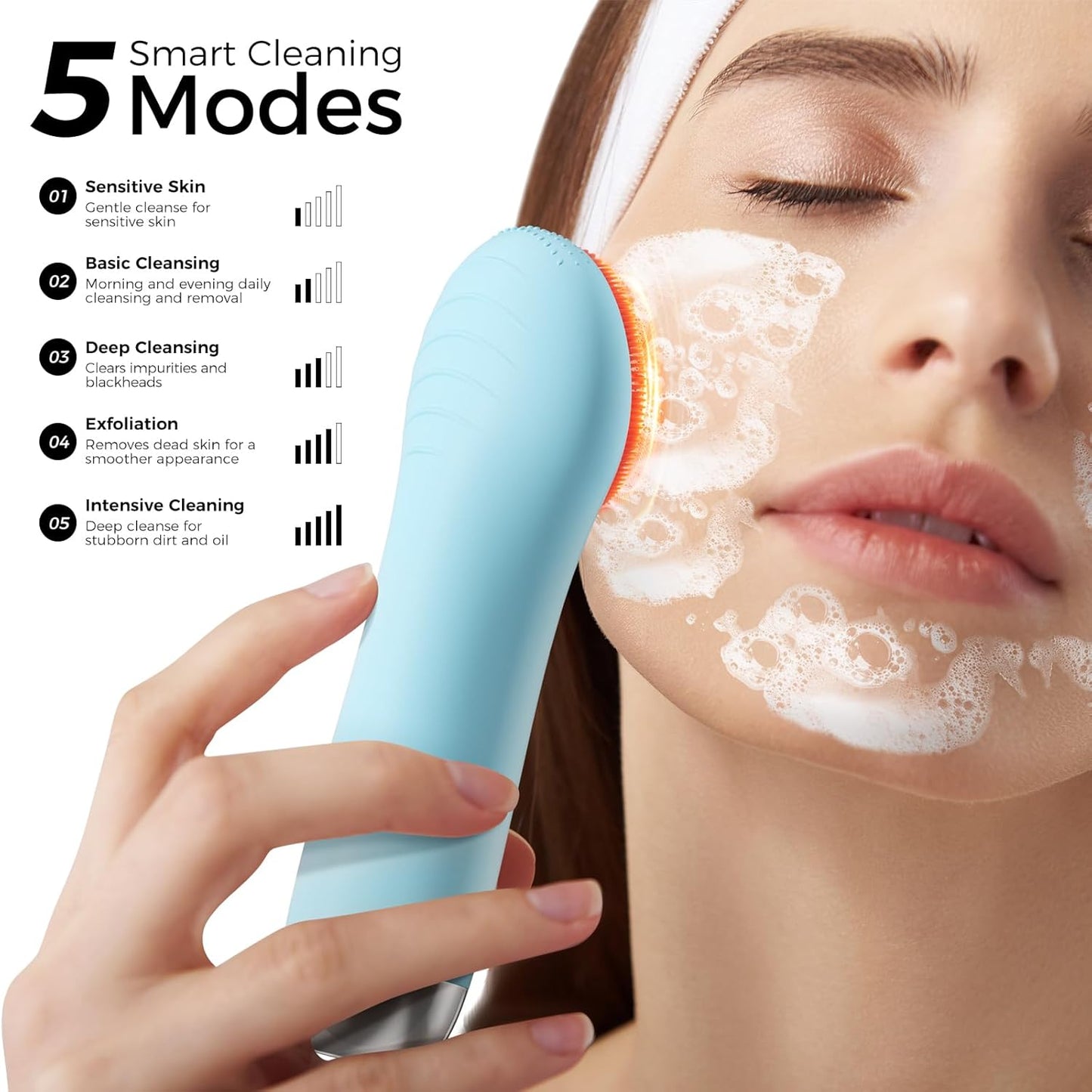 Facial Cleansing Brush: Rechargeable LED Electric Face Cleansing Brush with 4 Gentle Light Liquid Silicone Modes Face Scrubber Exfoliator,IPX7 Waterproof Ideal Gift for Men and Women-Blue