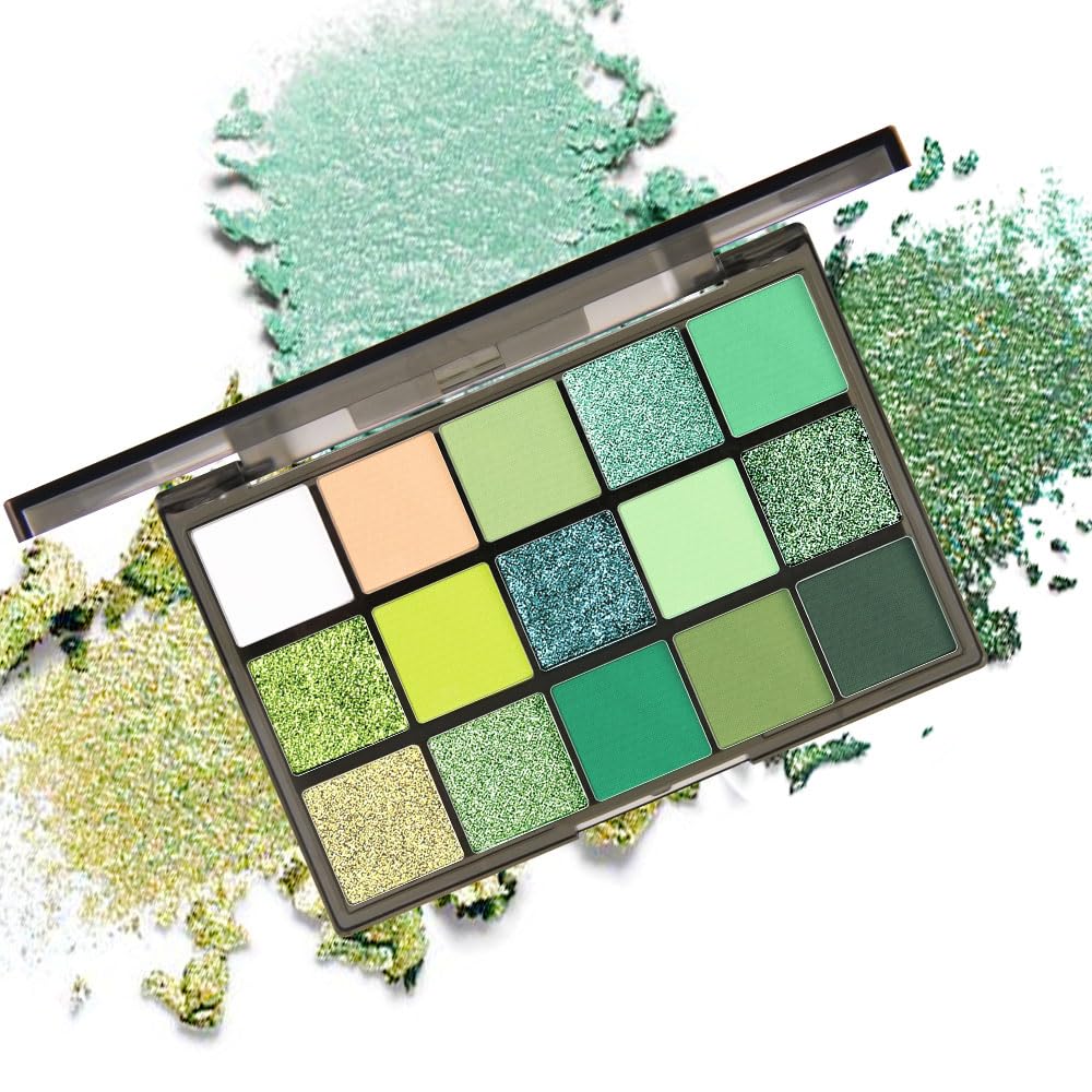 Smokey Green Eye Shadow Makeup Palette,15 Colors Bright Forest Emerald Dark Green Shimmer Matte Makeup Pallet,Long Lasting Waterproof for Daily and Halloween