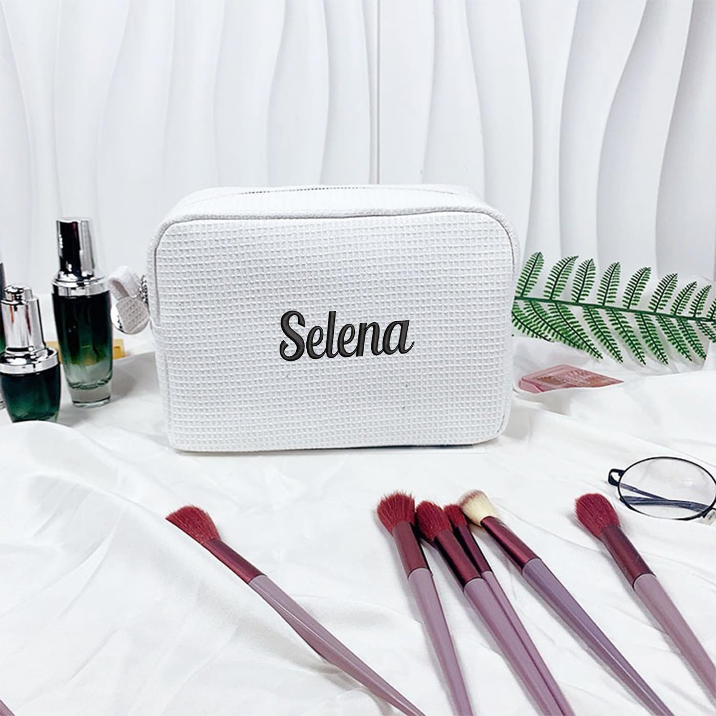 GOPHIE Personalized Embroidered Makeup Bag,Custom Waffle Fabric Cosmetic Pouch for Women, Travel Makeup Pouch (3, White)