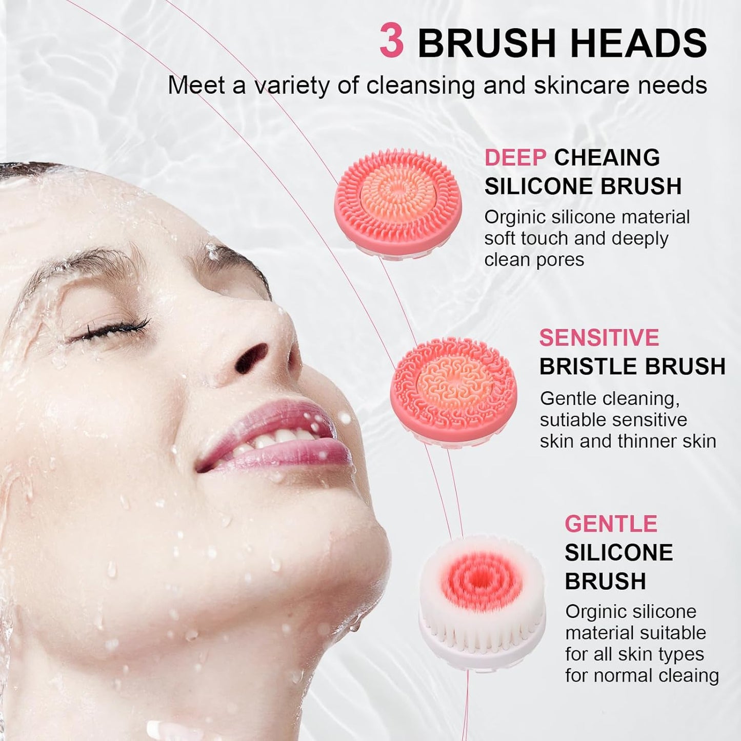 Facial Cleansing Brush, 3 in 1 Electric Face Scrubber with 3 Brush Heads for Women/Men, Waterproof Rechargeable Face Cleansing Brush for Dry Oily Sensitive Skin (Pink)