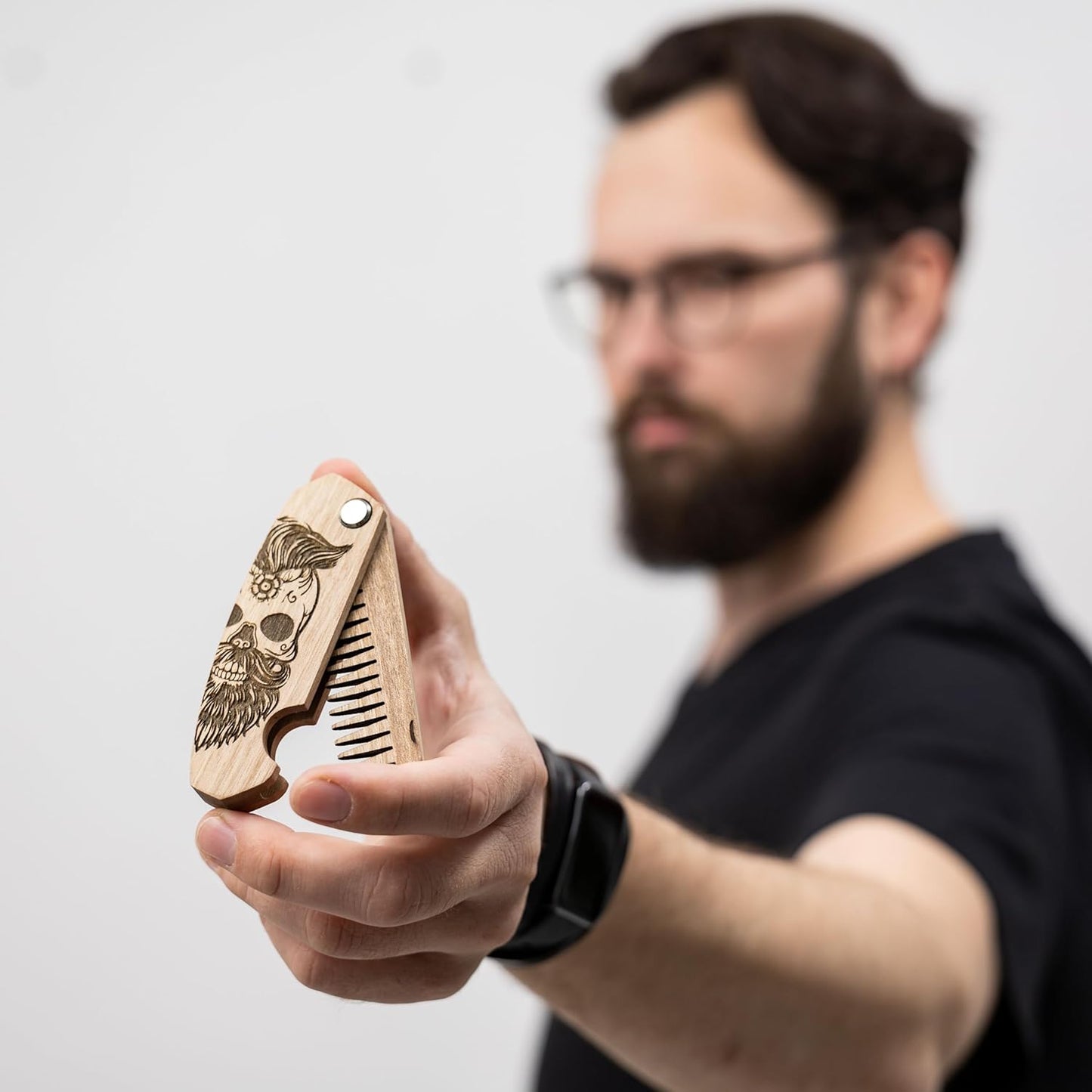 Enjoy The Wood Beard Comb for Men, Folding Pocket Beard Accessories for Men, Engraved Walnut Wooden Comb for Moustache, Beard & Hair For Him (Half Skull)