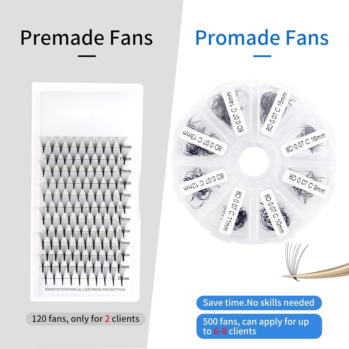 Pre-made Fans Eyelash Extension 500+8D Loose Volume Fans D Curl Premade Volume Fans 9-16mm