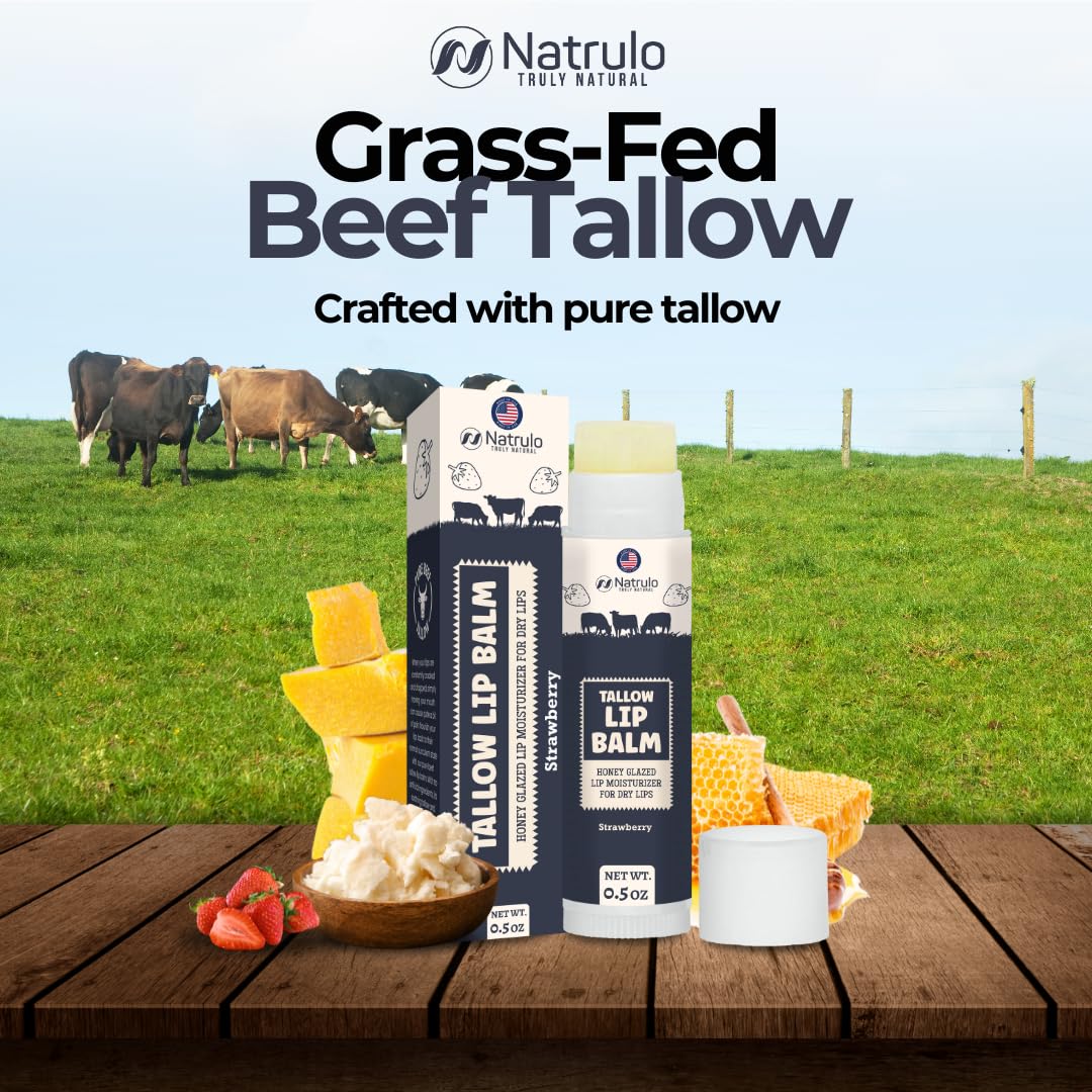 Beef Tallow Lip Balm – Natural Tallow Beeswax Chapstick – Hydrating Moisturizer Grass Fed Tallow Balm Care – Soothes Chapped Dry Lips Sensitive Skin – Long Lasting Vitamin Rich USA-Made, Strawberry