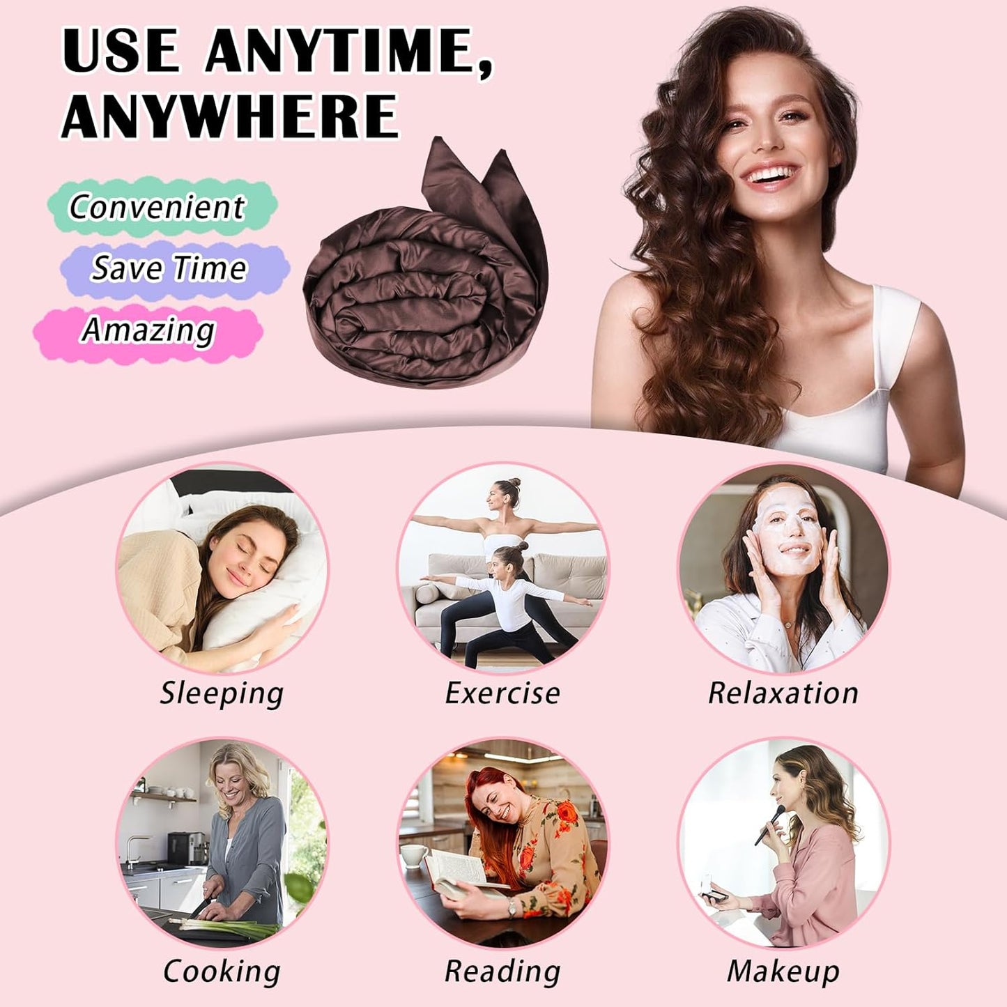 Satin Heatless Curls Overnight Hair Curlers to Sleep In Hair Curler Rollers No Heat Hair Wrap for Curls Headband, 70" Satin Heatless Curling Rod Set for Women Long Waves Hair Volume -Brown 9PCS