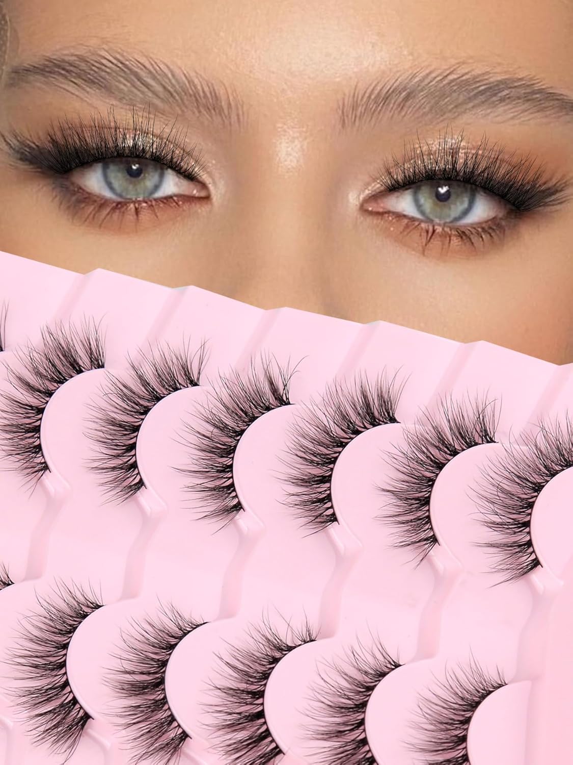 Natural Cat Eye Lashes Wispy Eyelashes 14mm Lightweight False Eyelashes 3D Volume Natural Strip Lashes 0.1mm Thin Cotton Band Lashes Pack C Curl Soft Lashes 7 Pairs Siligli